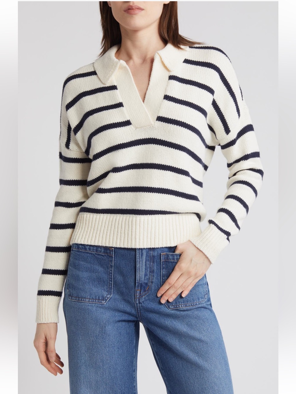 Madewell Dedham Stripe Polo Sweater antique cream navy striped large NWT